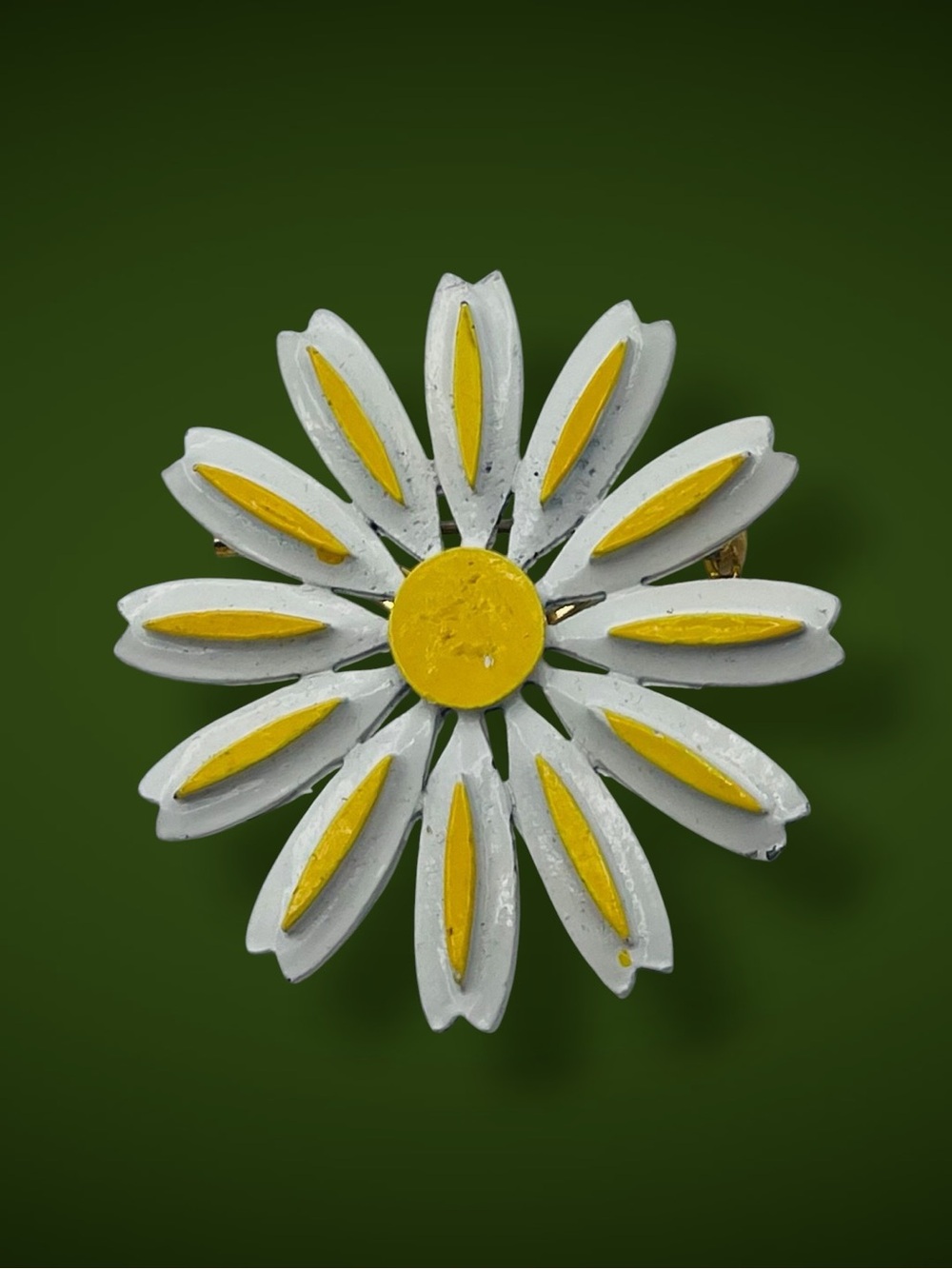 Vintage 1960s Enamel Daisy Brooch White Yellow Retro Mod Flower Pin